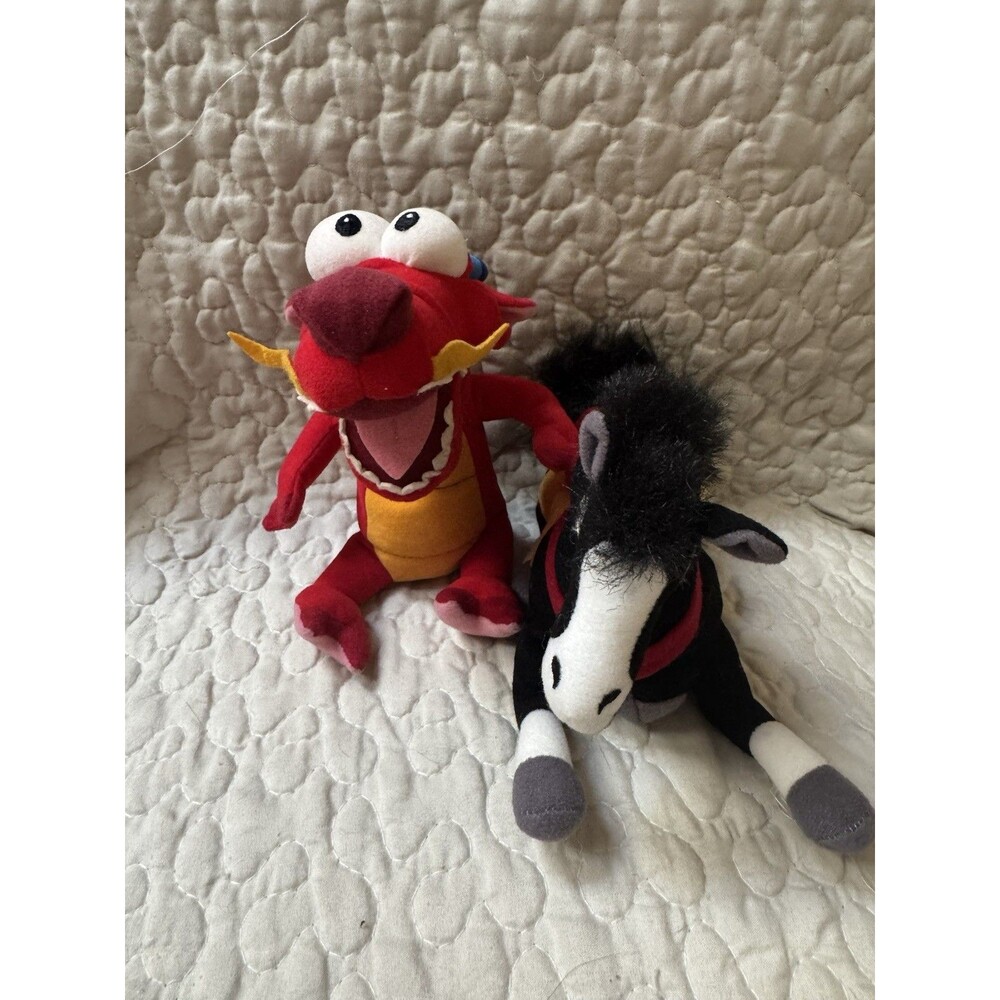 Vintage Disney Store Mulan Bean Bag Plush Lot Mushu & Khan Horse 2pc Vintage